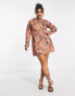 ASOS DESIGN Curve cotton puff sleeve mini dress with removable sleeves in tan swirl print