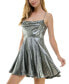 ფოტო #3 პროდუქტის Juniors' Drape-Neck Sleeveless Fit & Flare Foil Dress