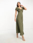 ASOS DESIGN Tall flutter sleeve midi tea dress with buttons in khaki