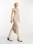 Bershka ribbed racer neck bodycon midi dress in sand