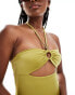 Free Society ring front cut out bandeau swimsuit in high shine pesto