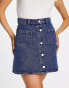 Monki denim button through mini skirt in mid blue wash