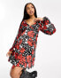 Wednesday's Girl rose bloom floral puff sleeve mini dress in black Schwarz/Weiß/rote Rose, S - фото #1