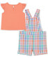 Фото #3 товара Baby Girls Flutter-Sleeve T-Shirt & Seersucker Plaid Shortall, 2 Piece Set