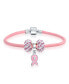 ფოტო #1 პროდუქტის Support Breast Cancer Survivor Crystal Pink Ribbon Multi European Bead Charm Genuine Pink Leather Bracelet Sterling Silver Barrel Clasp 7 Inch