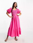 New Look puff sleeve shirred top midi dress in bright pink