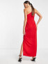 ASOS DESIGN satin one shoulder strappy red midi dress with slit