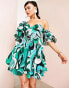 ASOS LUXE one shoulder cotton dress with corset detail and ruffles in green swirl print