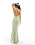 TFNC Bridesmaids satin maxi dress with tie back and button detail in sage Зеленый, 38 - фото #4