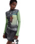 Basic Pleasure Mode analogue printed long sleeve mesh top in multi