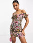 ASOS DESIGN babydoll tie front bardot mini tea dress in floral animal print