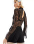 Фото #6 товара Labelrail x Dyspnea high neck stretch lace bodysuit with fluted sleeves in black