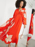 Фото #7 товара ASOS EDITION trailing tulip embroidered gathered waist midi dress in tomato red