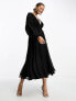 ASOS DESIGN wrap balloon sleeve midi dress with tie waist detail in black