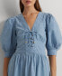 Фото #3 товара Women's Cotton Puff-Sleeve Chambray Dress