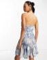 ASOS DESIGN draped bandeau corset satin mini dress with flippy skirt in blue ivory floral print