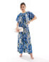 Фото #3 товара ASOS DESIGN angel sleeve plisse maxi dress with trapeze hem in blue print