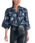 ფოტო #1 პროდუქტის Women's Cotton Floral-Print Ruffled Split-Neck Top