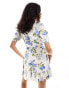 Фото #4 товара & Other Stories linen mini dress with wrap front and puff sleeves in blue floral print