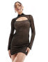 Фото #4 товара ASOS DESIGN grid mesh long sleeve mini dress with keyhole collar in black