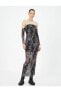Фото #3 товара Maksi Transparan Straplez Elbise Astarlı Gotik Temalı Baskılı
