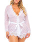 Plus Size Eyelash Lace Robe with Satin Sash and G-String Lingerie Set