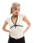 Glamorous v neck pointelle rib top with black contrast ribbon and bow