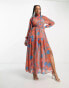 Urban Revivo tiered high neck maxi dress in red and blue print