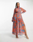 Фото #6 товара Urban Revivo tiered high neck maxi dress in red and blue print