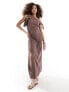 ASOS DESIGN off shoulder linen maxi dress with knot detail in chocolate