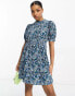 Фото #2 товара Pieces high neck tiered mini dress in blue ditsy floral