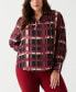 Plus Size Plaid Shirred Split Neck Long Sleeve Blouse Черный, 1X - фото #1