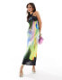 AllSaints Betina Orbital racer satin midi dress in black/rainbow