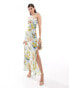 ASOS DESIGN satin wide neck cross back strap maxi dress in postcard print