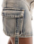 Liquor N Poker washed denim frayed mini skirt in brown