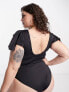 Фото #3 товара ASOS DESIGN Curve flutter sleeve plunge neck swimsuit in black