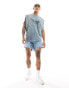 Фото #2 товара ASOS DESIGN mid length slim denim shorts with heavy ripped hem in light wash blue