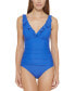 Фото #1 товара Dkny Ruffle Plunge Underwire Tummy Control One-Piece Swimsuit Blue Size 16