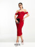 Фото #1 товара Jaded Rose Petite – Gerafftes, wadenlanges Kleid in Rot mit Korsett-Taille und transparentem Einsatz