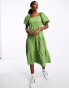 Monki tiered midi smock dress with puff sleeves in green check