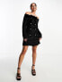 Фото #7 товара Miss Selfridge bardot boucle mini dress with velvet trim in black