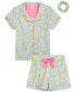 Фото #1 товара Пижама для девочек Max & Olivia в полоску с лимонным принтом, топы, шорты и резинка для волос - набор