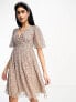 Фото #1 товара Maya Bridesmaid wrap front mini tulle dress with flutter sleeve in tonal delicate sequin taupe blush co ord