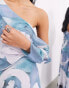 ASOS EDITION sheer draped off shoulder soft maxi dress in blue swirl print