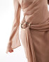 Фото #3 товара ASOS DESIGN slash neck chiffon asymmetric midi dress with liquid gold belt detail in mink