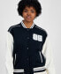 Juniors' Faux-Leather-Sleeve Snap-Front Varsity Bomber Jacket