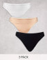 ASOS DESIGN Curve 3 pack ribbed thongs in black, white & beige