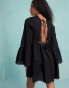 Фото #3 товара Miss Selfridge beach broderie lace insert fluted sleeve cover up mini dress in black