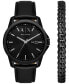 ფოტო #1 პროდუქტის Men's Three-Hand Day-Date Quartz Black Leather Watch 44mm and Black Stainless Steel Bracelet Set
