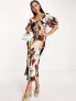 ASOS DESIGN plisse puff sleeve midi dress with wrap waist in abstract colourblock print